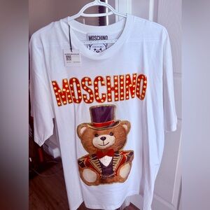 Moschino White Tee with Teddy Bear and Red Accents